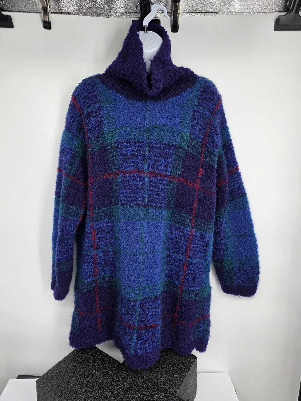 VTG Jones New York Mohair Wool Plaid Sweater M Chunky Knit Tunic Turtleneck Blue